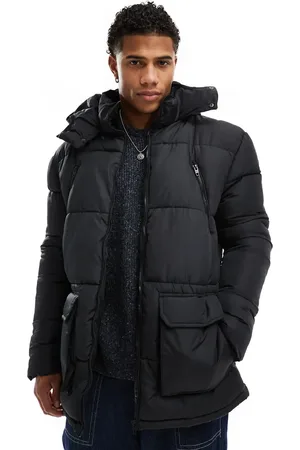 French Connection Chaqueta de plumas negra con capucha y bolsillos de French Connection