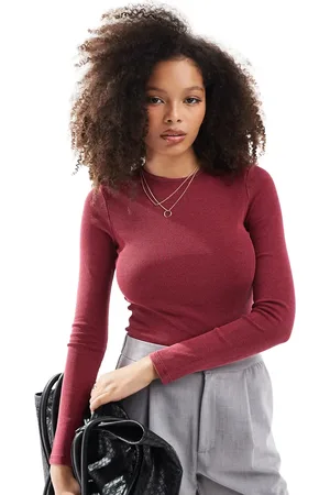 Miss Selfridge Top burdeos de manga larga con cuello redondo de canalé de -Rojo