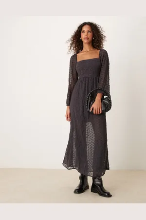 Free People Vestido semilargo gris oscuro con mangas abullonadas y capa superior de encaje de