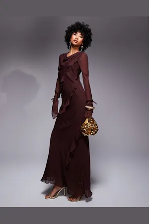 DASKA Vestido largo con volantes de chifón de