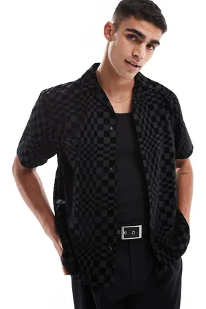 Twisted Tailor Camisa negra a cuadros dameros de manga corta de