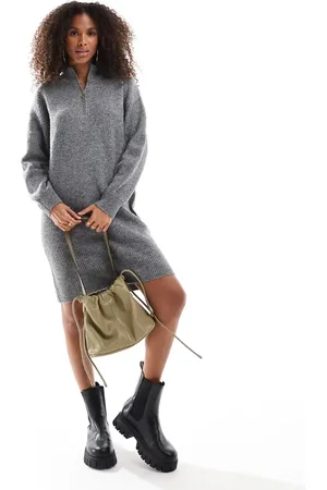 ONLY Vestido midi gris oscuro jaspeado estilo jersey con media cremallera de