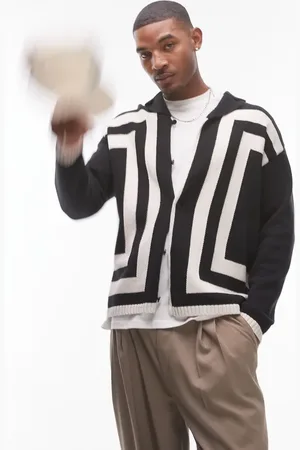 Topman Camisa negra a rayas verticales abotonada de manga larga de croché de