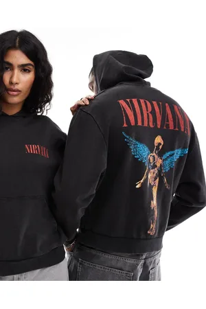 ASOS Sudadera negro lavado unisex extragrande con capucha y estampados de Nirvana de