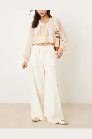 Pimkie Pantalones color de pernera ancha con cordón ajustable anudado en la cintura de -Blanco