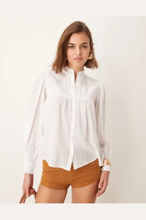 Pimkie Camisa color traslúcida plisada con detalle de cuello alzado de -Blanco