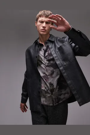 Topman Chaqueta gris de estilo camisa y manga larga de poliuretano efecto desgastado de