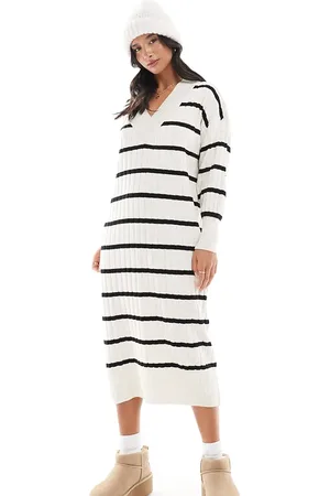 ONLY Vestido semilargo color crema a rayas negras con cuello de pico de punto de -Blanco