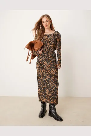 JDY Vestido midi plisado con estampado de leopardo y cinturón de -Marrón
