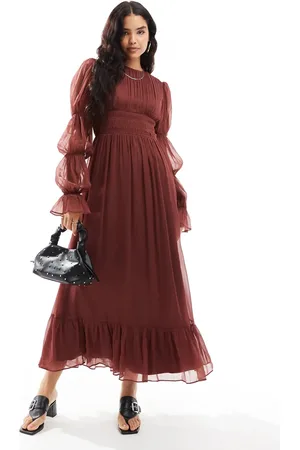 ASOS Vestido largo con mangas escalonadas estilo blusón y cinturilla fruncida de -Morado