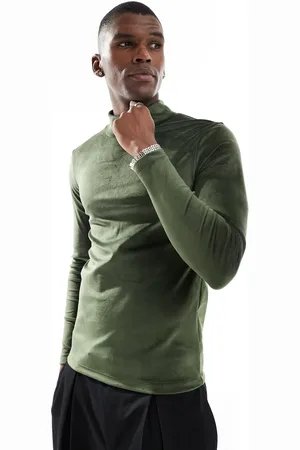 ASOS Camiseta ajustada de manga larga con cuello alto de velour de -Verde