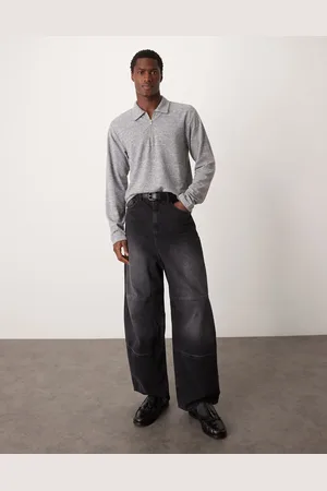 ASOS Polo gris jaspeado de manga larga con cremallera de canalé cepillado de