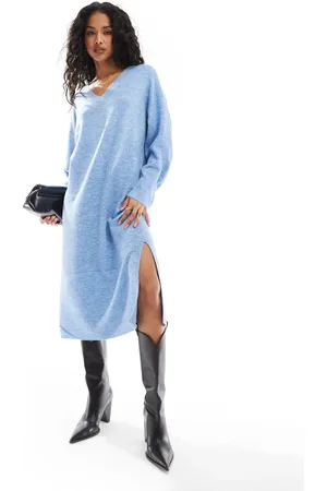VERO MODA Vestido midi azul jaspeado extragrande con cuello de pico de punto de