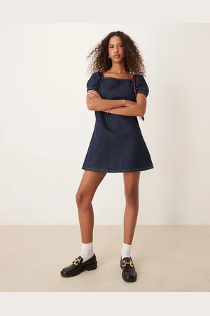 ASOS Vestido vaquero añil de corte recto con mangas abullonadas de