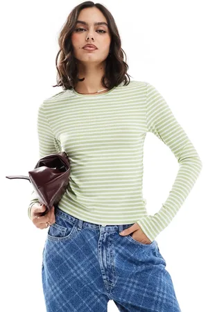 VERO MODA Top color camel a rayas de manga larga de punto acanalado de -Beis neutro