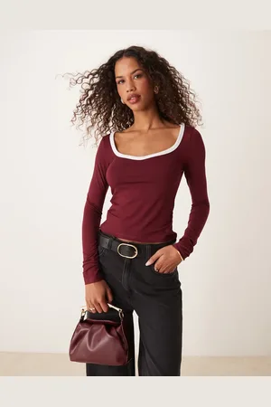 ASOS Top de manga larga con escote corazón y ribetes en contraste de -Rojo