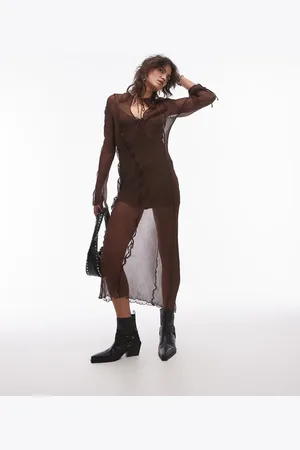 MANGO Vestido largo chocolate con detalle de malla de