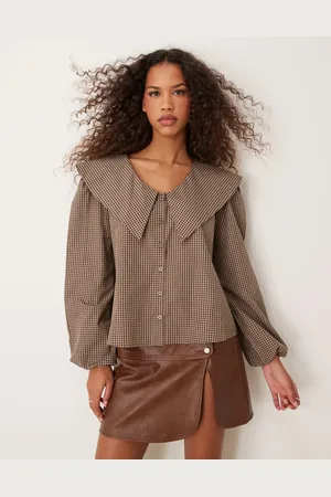 ASOS Blusa marrón a cuadros con solapas extragrandes de -Multicolor
