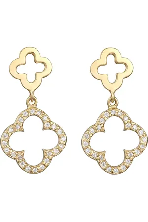 Elli Pendientes de botón dorados de plata de ley 925 con diseño festivo en forma de trébol con circonitas blancas de