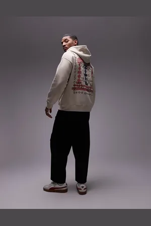 Topman Sudadera color piedra lavado extragrande con capucha y bordado y estampado de columna en la parte delantera y trasera de -Beis neutro