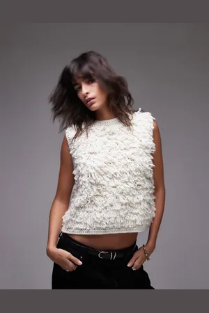 Topshop Top color sin mangas con diseño de bucles de punto artesanal de -Blanco