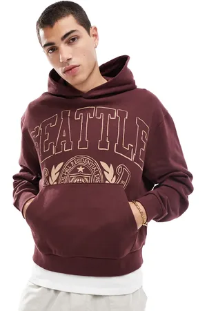 ASOS Sudadera burdeos de corte cuadrado extragrande con capucha y estampado de ciudad el pecho de -Rojo