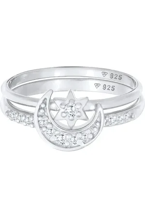 Elli Set de anillos apilables plateados de plata de ley 925 con diseño de estrella y luna Astro Trend de
