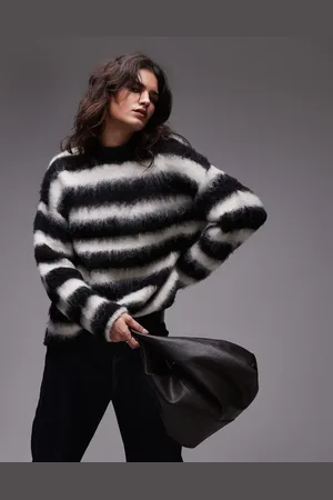 Topshop Jersey a rayas monocromáticas de corte boyfriend extragrande de punto muy mullido de -Negro