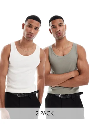 ASOS Pack de 2 camisetas de color blanco hueso y caqui ajustadas sin mangas de canalé de -Multicolor