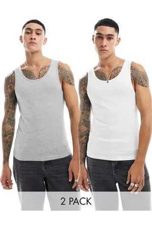 ASOS Pack de 2 camisetas de color blanco y gris jaspeado ajustadas sin mangas de