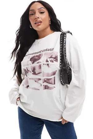 ASOS Camiseta color de manga larga y corte skater con estampado con motivo de creatividad de ASOS DESIGN Curve-Gris