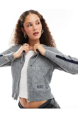 Daisy Street Sudadera entallada de estilo años 90 con capucha, cremallera y bandas laterales azul marino de