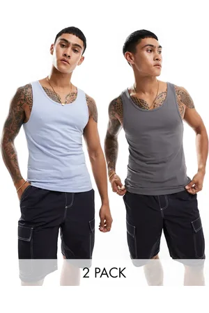 ASOS Pack de 2 camisetas de color azul claro y gris carbón ajustadas sin mangas de