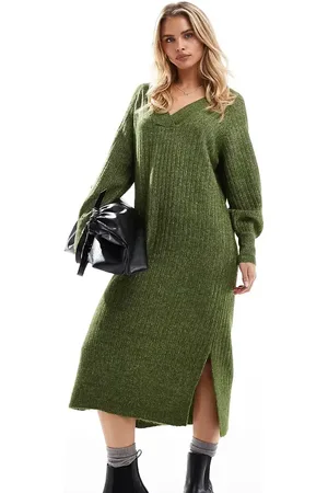 VERO MODA Vestido verde jaspeado estilo jersey extragrande de punto acanalado suave de