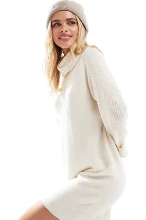 VERO MODA Vestido corto color crema melange con cuello vuelto de punto de -Blanco