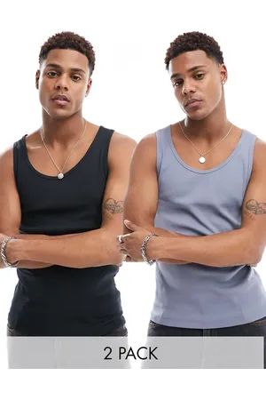 ASOS Pack de 2 camisetas de color gris y negro ajustadas sin mangas de canalé de