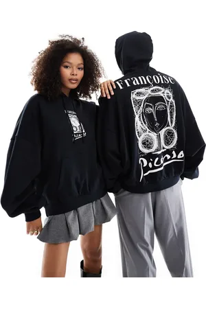 ASOS Sudadera negra unisex ultragrande con capucha y estampado de dibujos de Picasso de