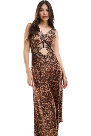 4th & Reckless Vestido midi de satén con estampado de leopardo, abertura y detalle de encaje de -Multicolor