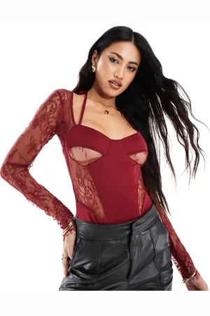 ASOS Body corsetero con detalle tipo bolero e insertos de encaje de -Rojo