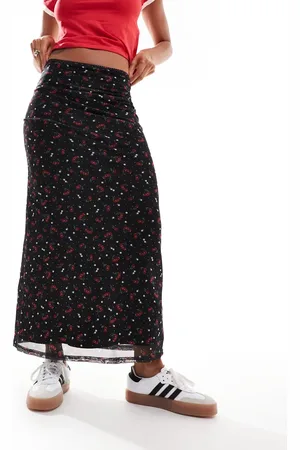 Daisy Street Falda larga con estampado de cerezas de malla de -Negro