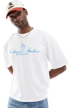 COLLUSION Camiseta corta blanca de corte cuadrado con estampado azul de