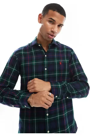 Ralph Lauren Camisa a cuadros verdes y rojos de corte custom con logo de icono de sarga aterciopelada de