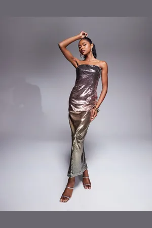 Rare Fashion Vestido largo en tonos metalizados degradados ajustado con escote palabra de honor de lentejuelas de London