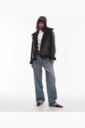 MANGO Chaqueta de aviador negra extragrande de borreguito de