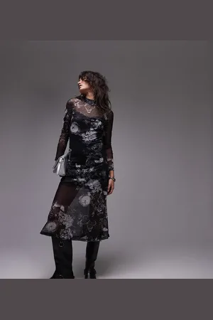 AllSaints Vestido midi negro estampado de malla Hanna exclusivo en ASOS de