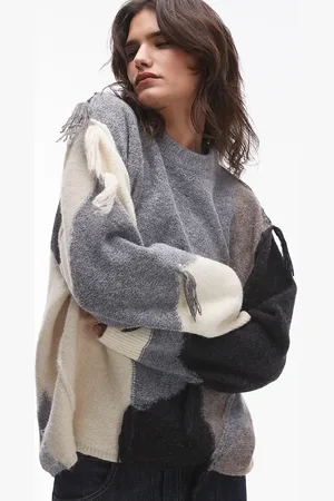 Topshop Jersey beis extragrande con diseño tipo patchwork y detalle de flecos de punto de