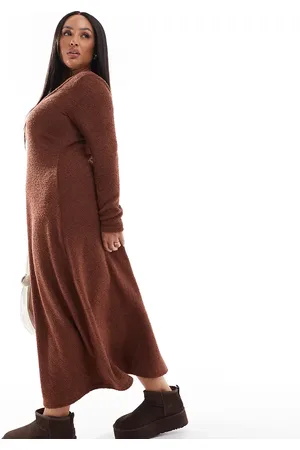 ASOS Vestido midi marrón de corte evasé con cuello ancho de tejido muy suave de ASOS DESIGN-Multicolor