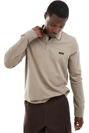 Calvin Klein Polo beis de manga larga con ribetes de piqué elástico de -Beis neutro