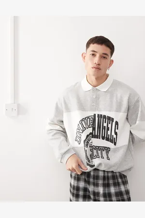 Weekday Sudadera gris jaspeado extragrande con cuello tipo polo y estampado gráfico universitario de paneles cosidos Andre de