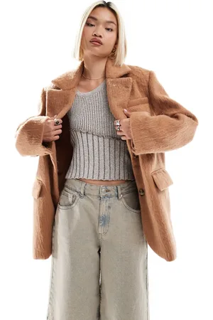 Native Youth Chaqueta color extragrande estilo americana de tejido cepillado de -Marrón